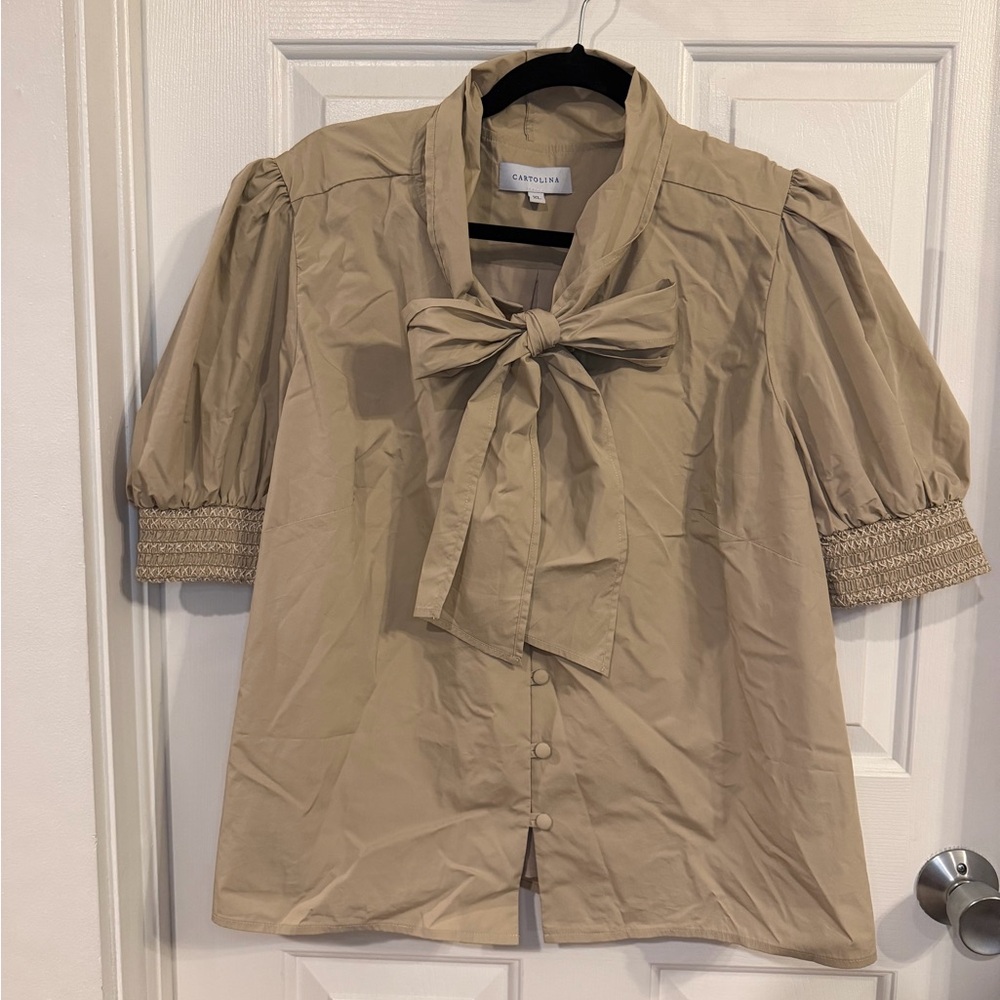 Graceful Tan Puff Sleeve Bow Blouse